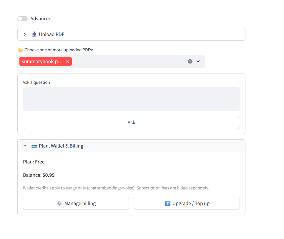 Plan, wallet, and billing interface