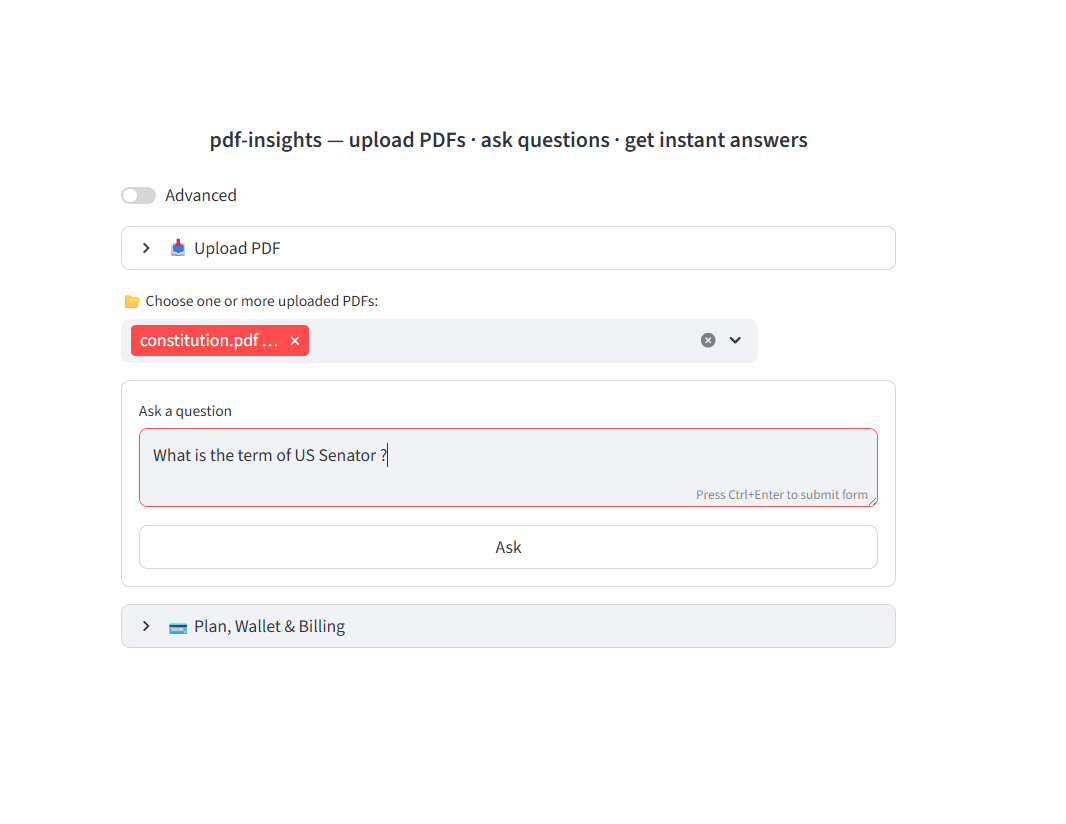 Document selection dropdown and question area