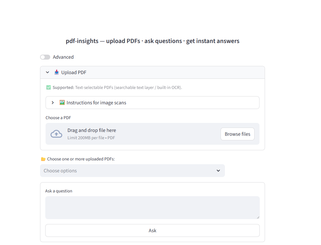 Upload PDF screen